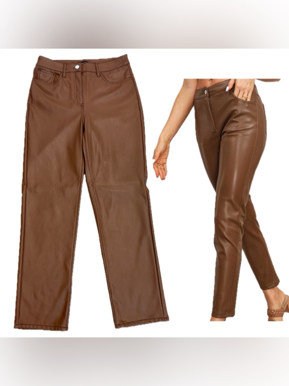 Reitmans Signature Pant cognac brown high-rise straight-leg vegan leather Sz 8